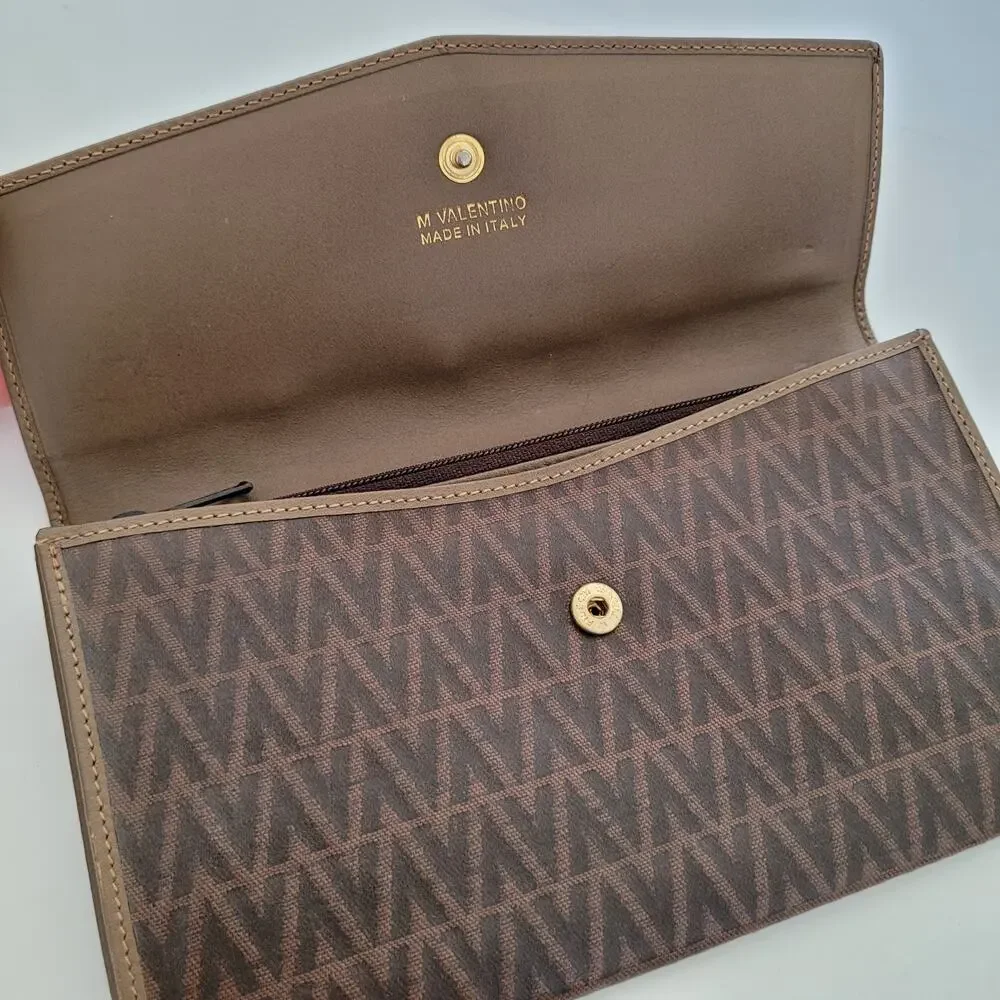 Valentino Vintage Bifold Logo‎ Brown Wallet Large Vintage Envelope Italian Retro